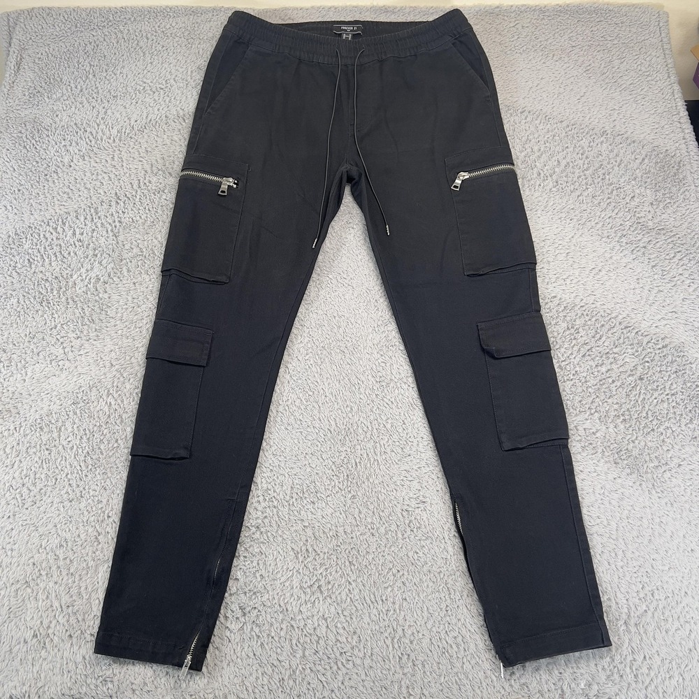 Forever 21 Jogger Pants Mens XL 36x30 Black Cargo Zip Ankle Streetwear Techwear